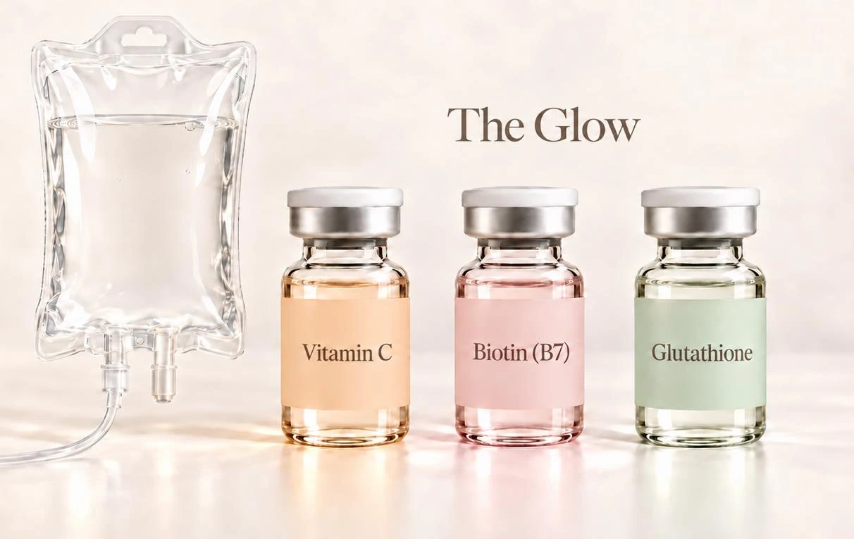 The Glow IV bag with vitamin C, biotin, and glutathione vials