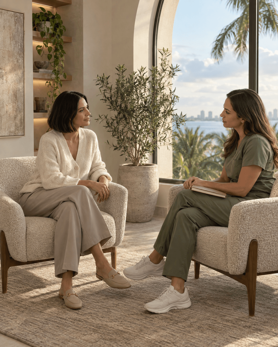 A quiet conversation in a warm, sunlit room