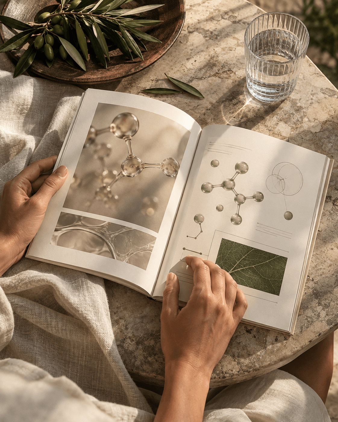 An illustrated booklet beside olive leaves and a glass of water on a sunlit stone table