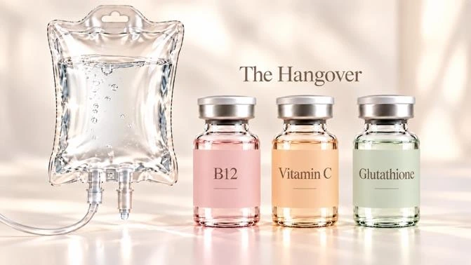 The Hangover IV bag with B12, vitamin C, and glutathione vials