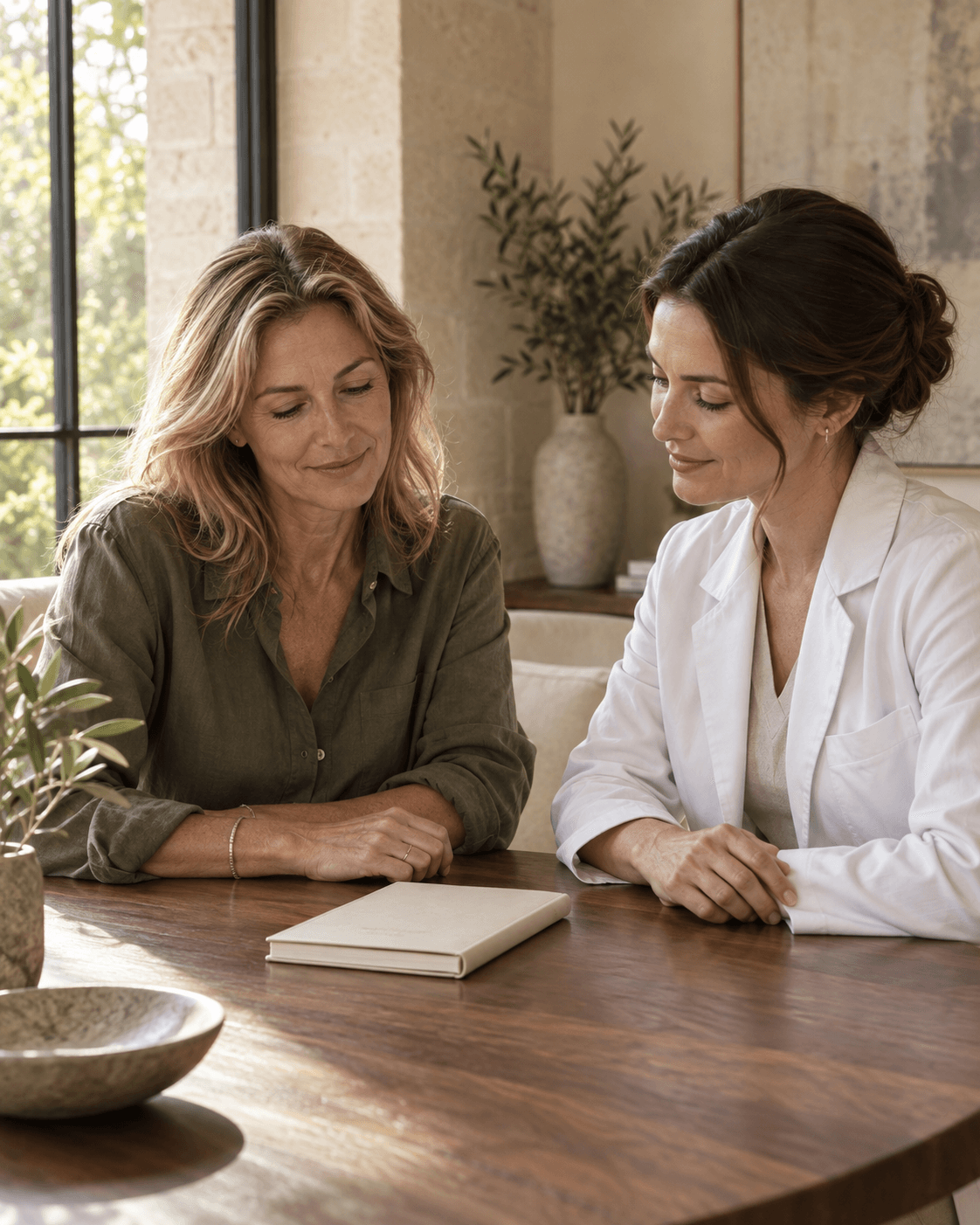 A woman and a clinician talking in a sunlit consultation room