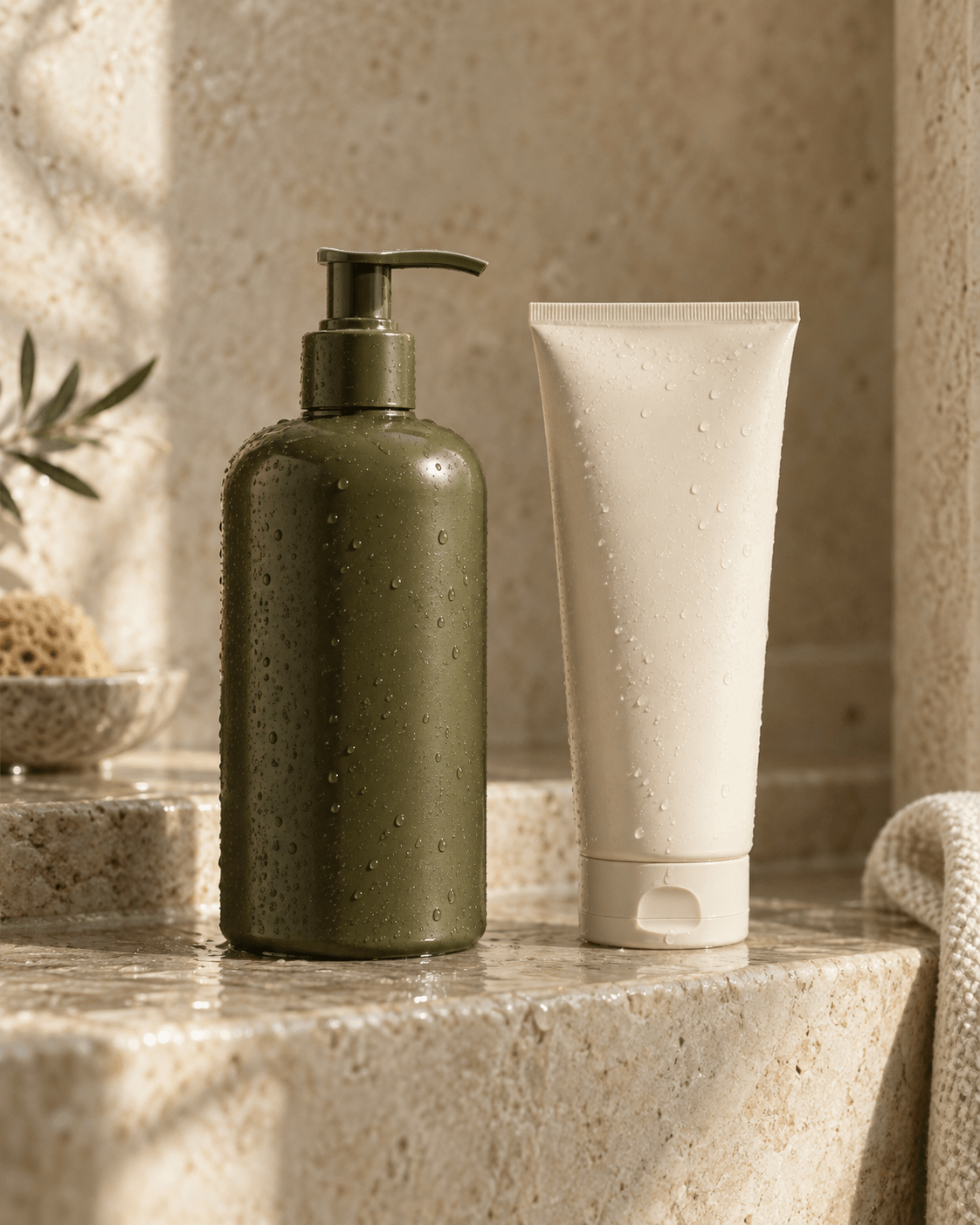 Illustrative haircare packaging on a limestone shelf